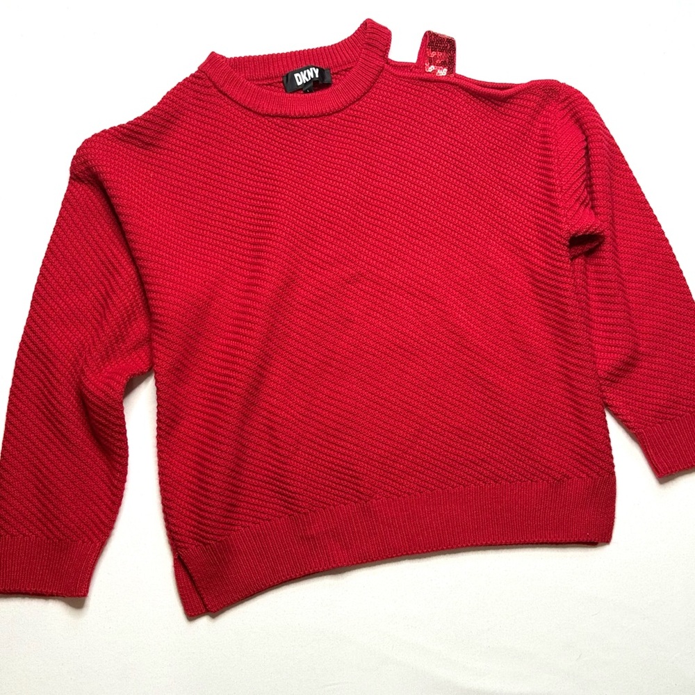 DKNY Vibrant Red Cold Shoulder Cable Knit Sweater with Sequin Size Large
